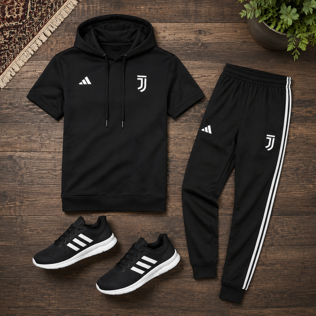 پکیج ست تیشرت کلاهدار و شلوار مردانه مدل Juventus  کفش ورزشی مردانه مدل Alshen